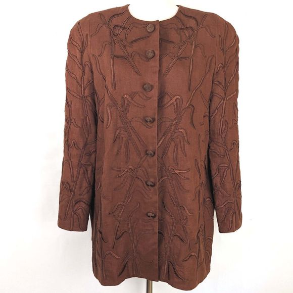 Carmen Marc Valvo Brown Linen Women's 12 Embroidered Snap Front Jacket - Picture 1 of 10
